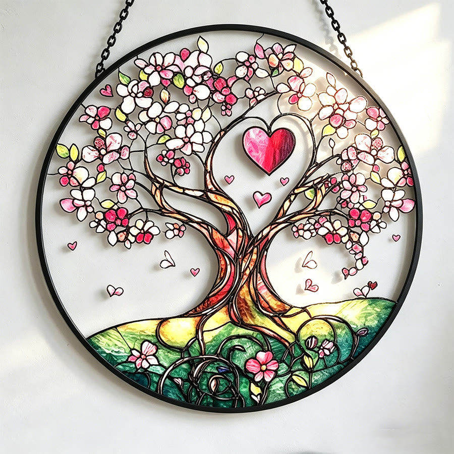 Acchiappasole in vetro colorato con albero a forma di cuore e fiori di ciliegio Olivenorma - 30 cm * 30 cm - image 0