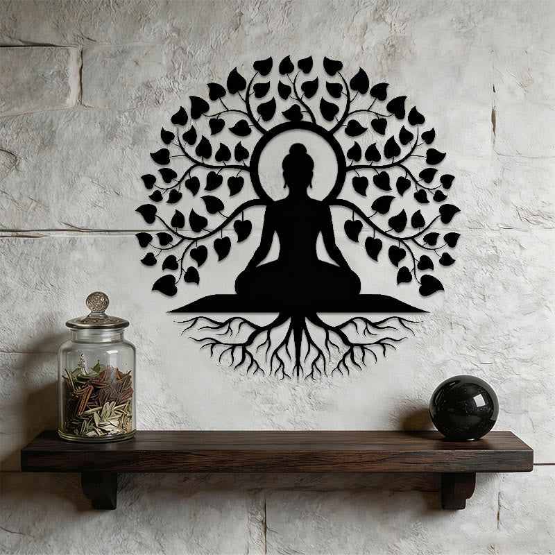 Decorazione murale in metallo raffigurante Olivenorma Buddha sotto l'albero della vita Bodhi. - image 5