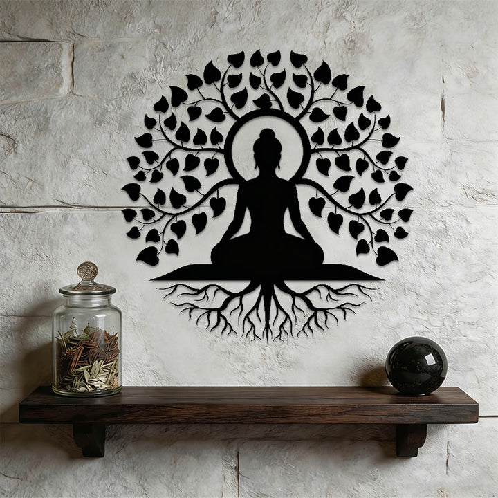 Decorazione murale in metallo raffigurante Olivenorma Buddha sotto l'albero della vita Bodhi. - image 5