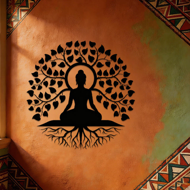 Decorazione murale in metallo raffigurante Olivenorma Buddha sotto l'albero della vita Bodhi. - image 6