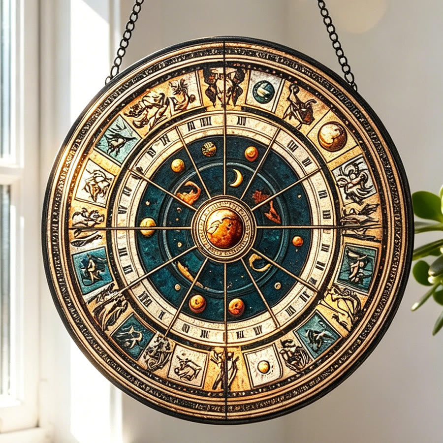 Acchiappasole vintage Olivenorma con ruota zodiacale astrologica in vetro colorato - 30 cm * 30 cm - image 0