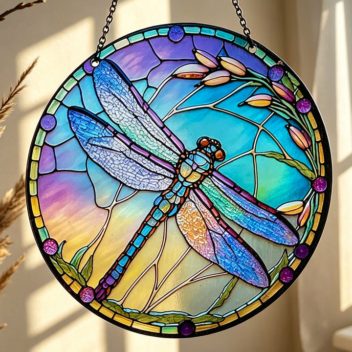 Acchiappasole in vetro colorato con libellula iridescente Olivenorma - 20 cm * 20 cm - Inclinato - image 0