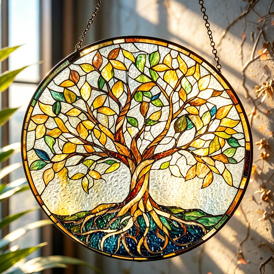 Acchiappasole vintage Olivenorma con mosaico "Albero della Vita" autunnale in vetro colorato - 30 cm * 30 cm - Giallo - image 0