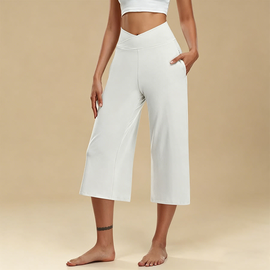Pantaloni da yoga e fitness da donna Olivenorma Crossover a vita alta, cropped, a gamba larga e con tasche. - Bianco - 3XL - image 1