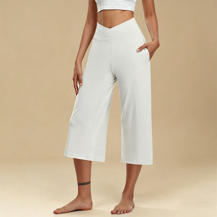 Pantaloni da yoga e fitness da donna Olivenorma Crossover a vita alta, cropped, a gamba larga e con tasche. - Bianco - 3XL - image 1