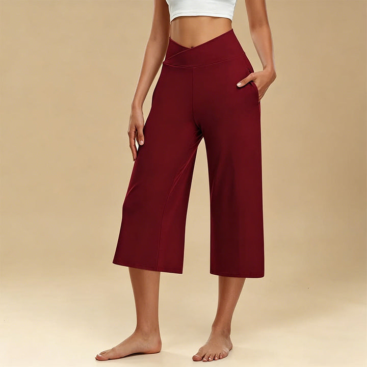 Pantaloni da yoga e fitness da donna Olivenorma Crossover a vita alta, cropped, a gamba larga e con tasche. - Rosso vino - 3XL - image 12