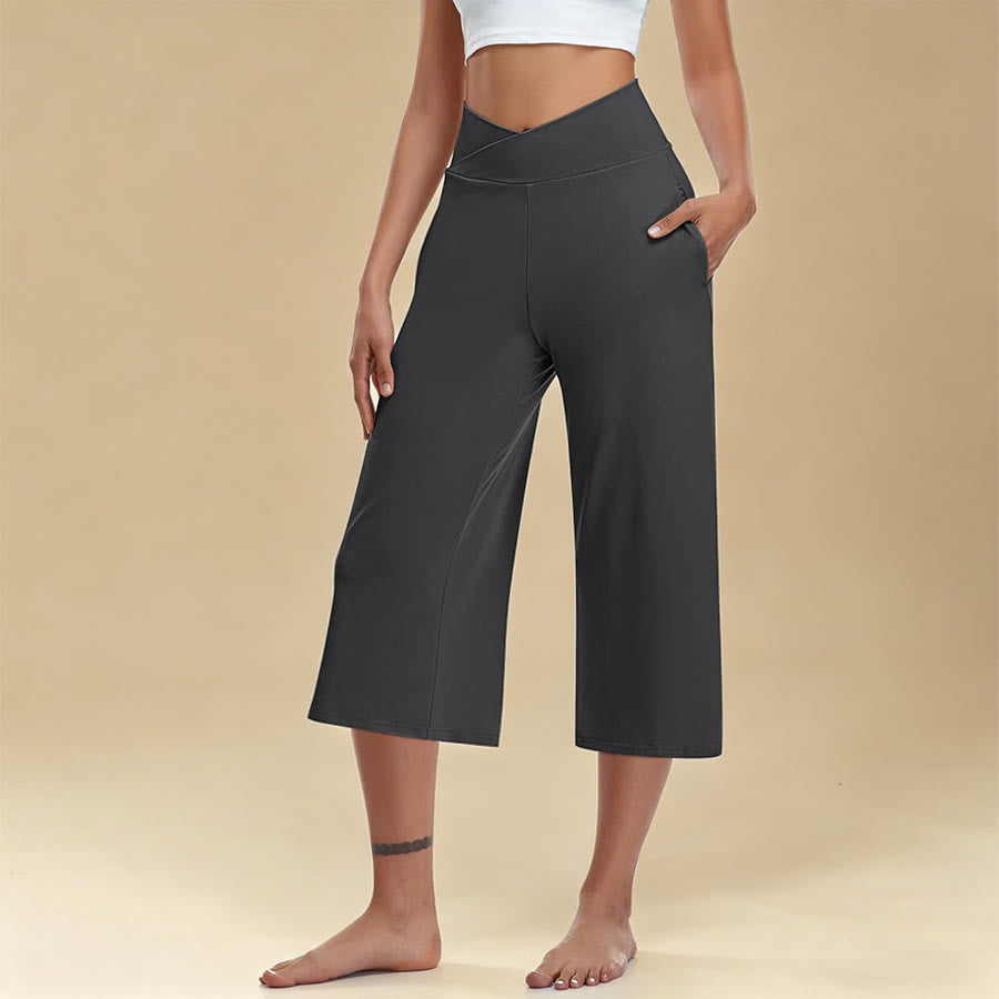 Pantaloni da yoga e fitness da donna Olivenorma Crossover a vita alta, cropped, a gamba larga e con tasche. - Grigio scuro - 3XL - image 13