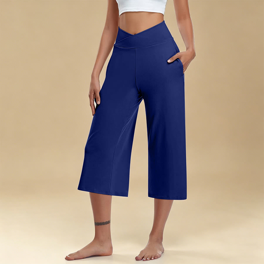 Pantaloni da yoga e fitness da donna Olivenorma Crossover a vita alta, cropped, a gamba larga e con tasche. - Blu - 3XL - image 5