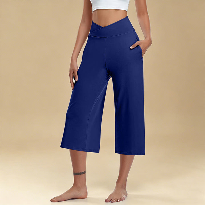 Pantaloni da yoga e fitness da donna Olivenorma Crossover a vita alta, cropped, a gamba larga e con tasche. - Blu - 3XL - image 5