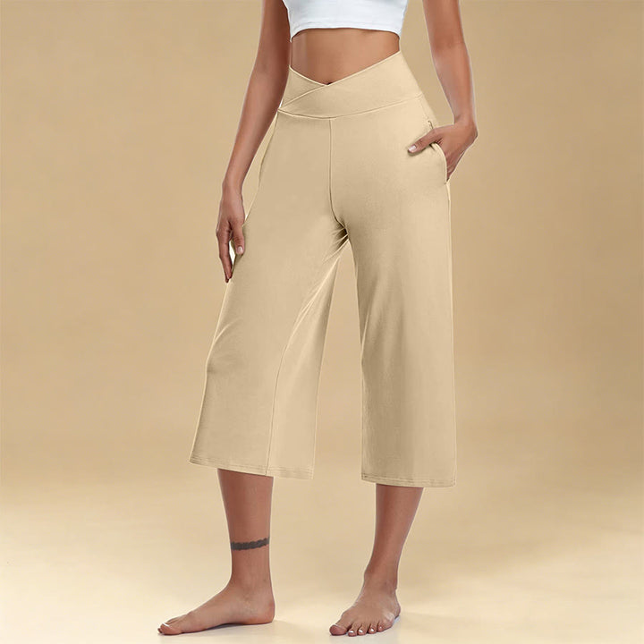 Pantaloni da yoga e fitness da donna Olivenorma Crossover a vita alta, cropped, a gamba larga e con tasche. - Albicocca - 3XL - image 7