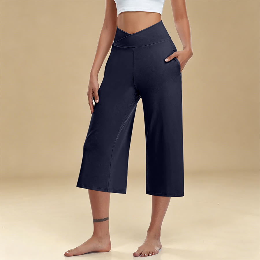 Pantaloni da yoga e fitness da donna Olivenorma Crossover a vita alta, cropped, a gamba larga e con tasche. - Blu navy - 3XL - image 10