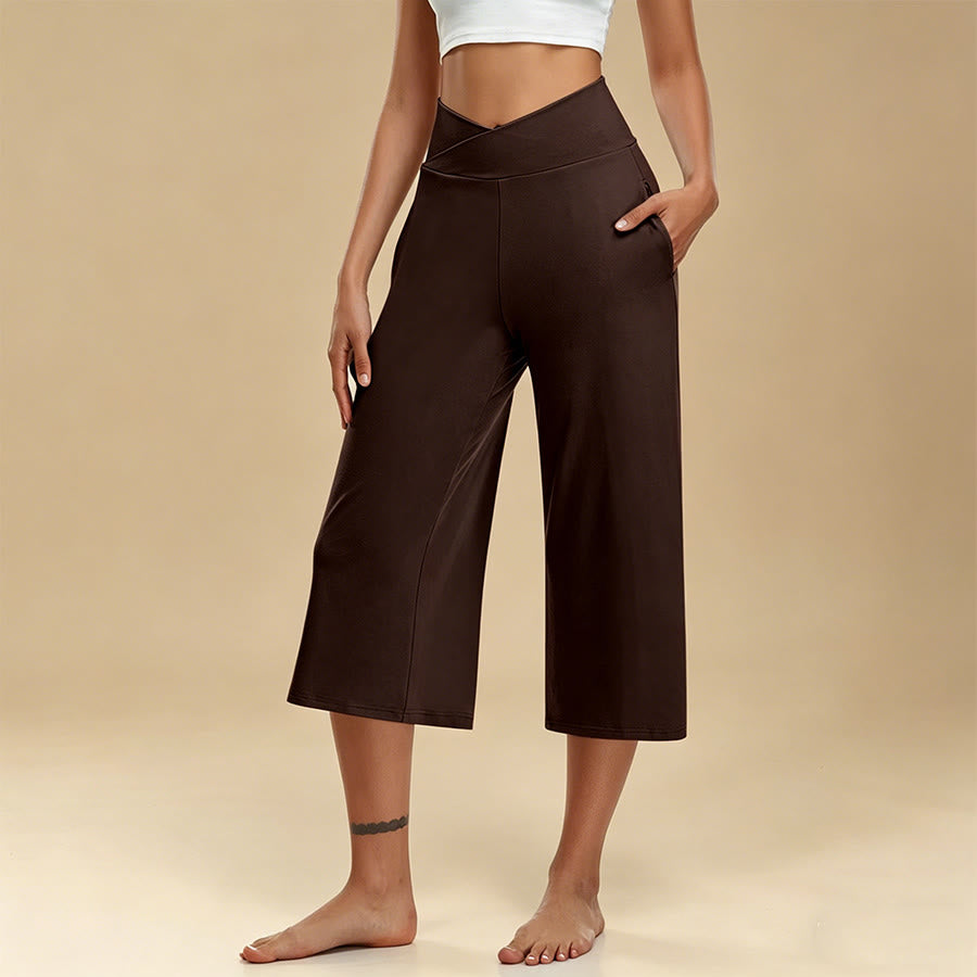 Pantaloni da yoga e fitness da donna Olivenorma Crossover a vita alta, cropped, a gamba larga e con tasche. - Marrone scuro - 3XL - image 11