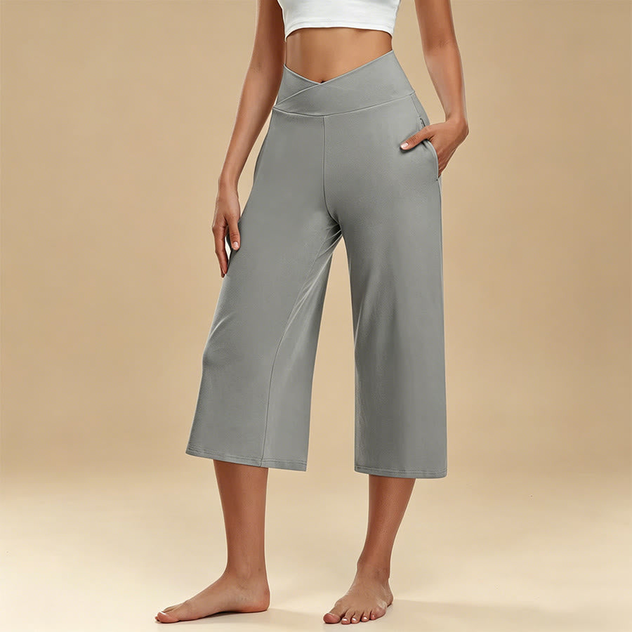 Pantaloni da yoga e fitness da donna Olivenorma Crossover a vita alta, cropped, a gamba larga e con tasche. - Grigio - 3XL - image 4