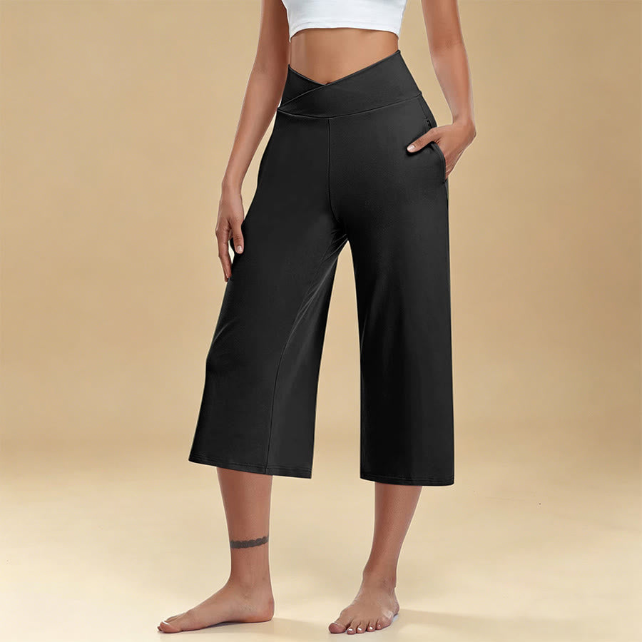 Pantaloni da yoga e fitness da donna Olivenorma Crossover a vita alta, cropped, a gamba larga e con tasche. - Nero - 3XL - image 3