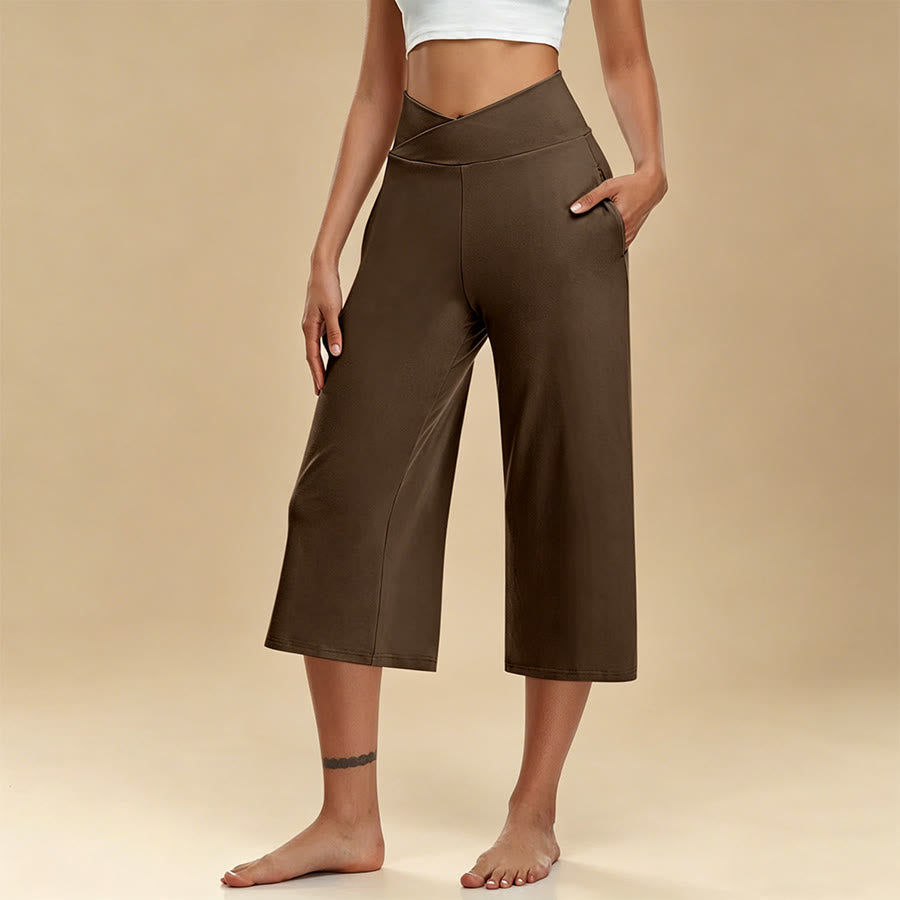 Pantaloni da yoga e fitness da donna Olivenorma Crossover a vita alta, cropped, a gamba larga e con tasche. - Caffè - 3XL - image 9