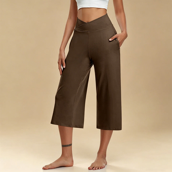 Pantaloni da yoga e fitness da donna Olivenorma Crossover a vita alta, cropped, a gamba larga e con tasche. - Caffè - 3XL - image 9