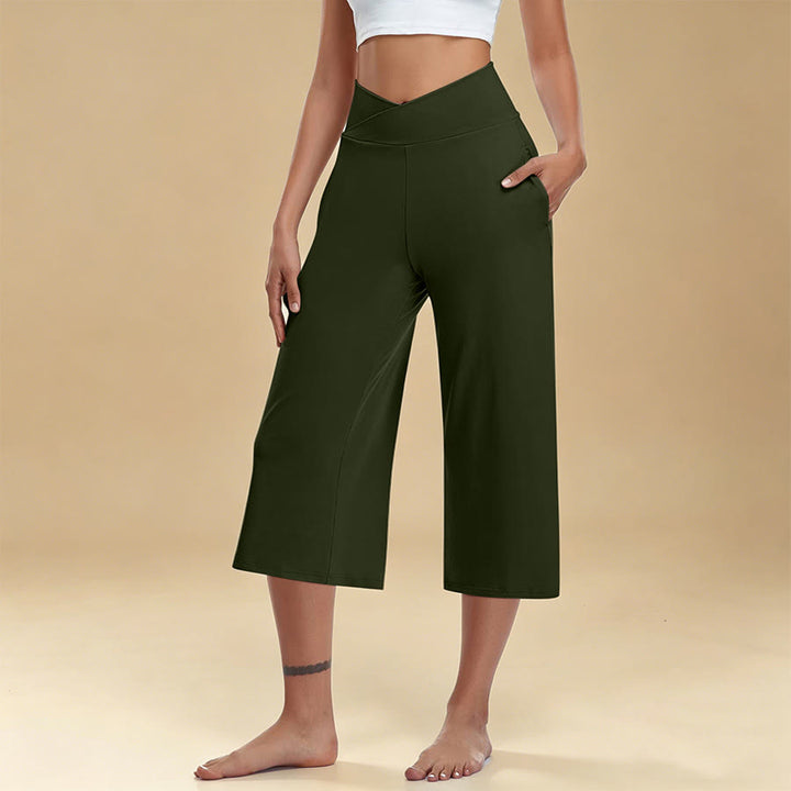 Pantaloni da yoga e fitness da donna Olivenorma Crossover a vita alta, cropped, a gamba larga e con tasche. - Verde militare - 3XL - image 8