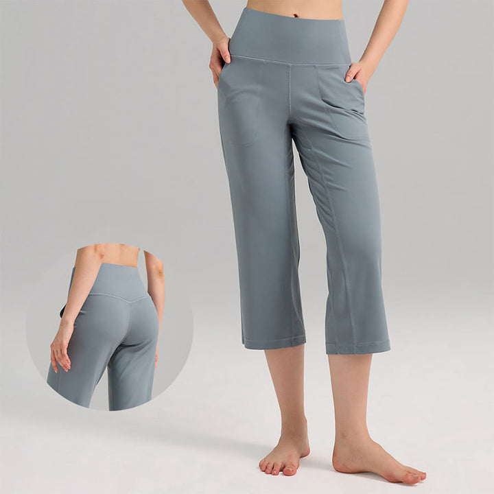 Pantaloni capri a vita alta Olivenorma , gamba larga, con tasche, ideali per yoga e fitness, da donna. - Blu belga - XL - image 0