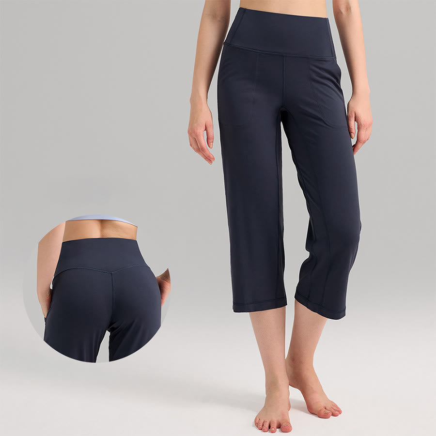 Pantaloni capri a vita alta Olivenorma , gamba larga, con tasche, ideali per yoga e fitness, da donna. - Blu navy - XL - image 6