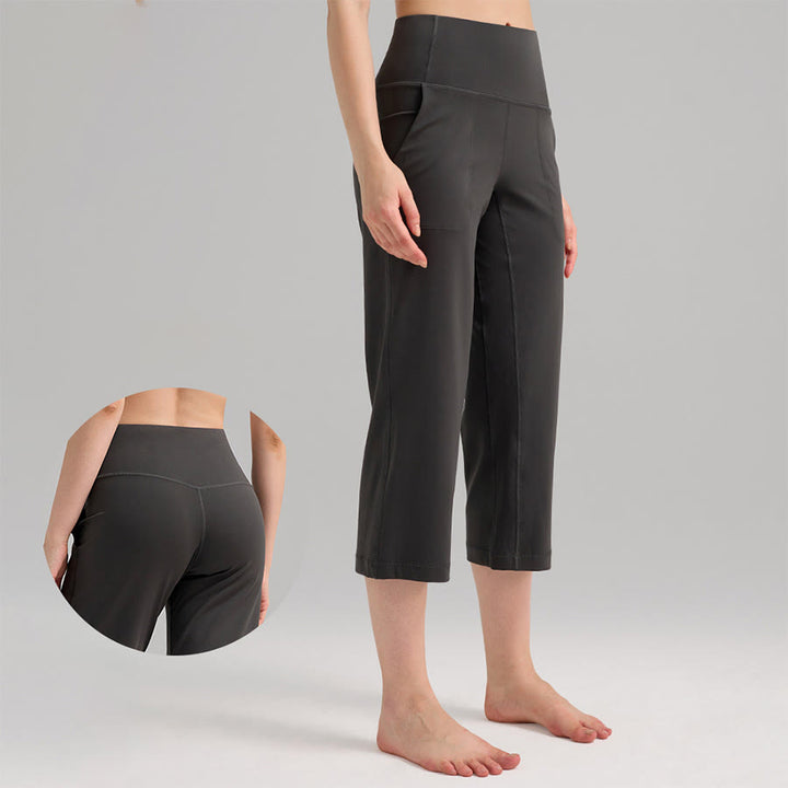 Pantaloni capri a vita alta Olivenorma , gamba larga, con tasche, ideali per yoga e fitness, da donna. - Grigio grafite - XL - image 8