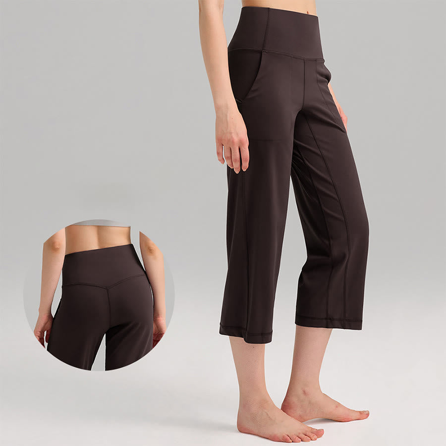 Pantaloni capri a vita alta Olivenorma , gamba larga, con tasche, ideali per yoga e fitness, da donna. - Espresso - XL - image 3