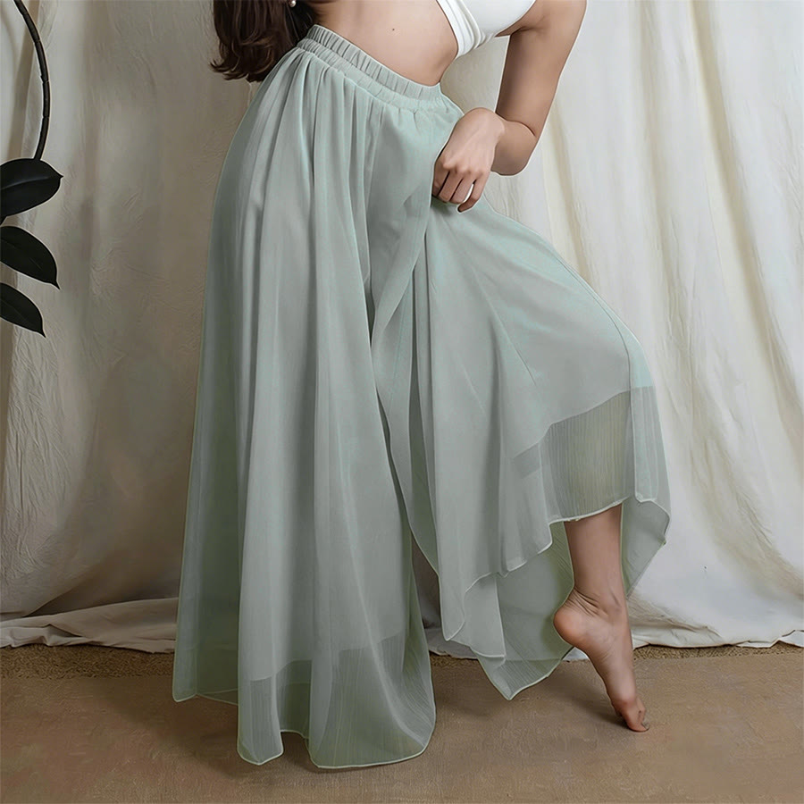 Pantaloni da donna Olivenorma in chiffon a gamba larga, elasticizzati, a vita alta e fluidi, ideali per danza e yoga. - Ciano - XL - image 1