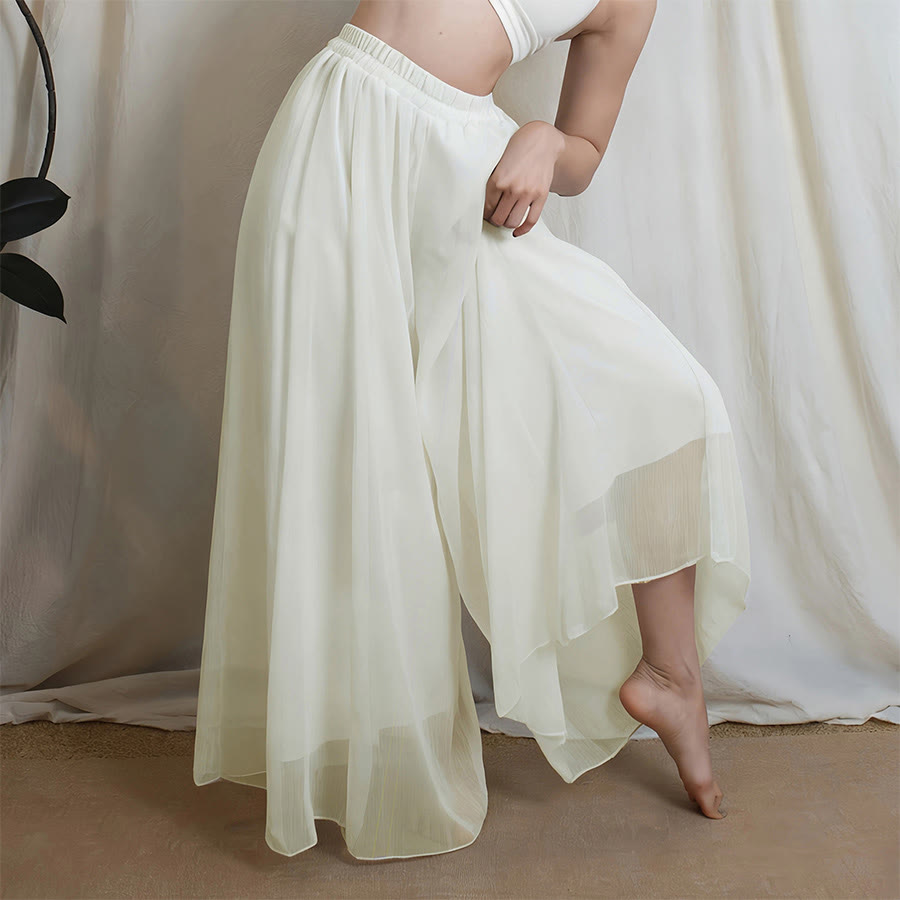 Pantaloni da donna Olivenorma in chiffon a gamba larga, elasticizzati, a vita alta e fluidi, ideali per danza e yoga. - Albicocca pallida - XL - image 5