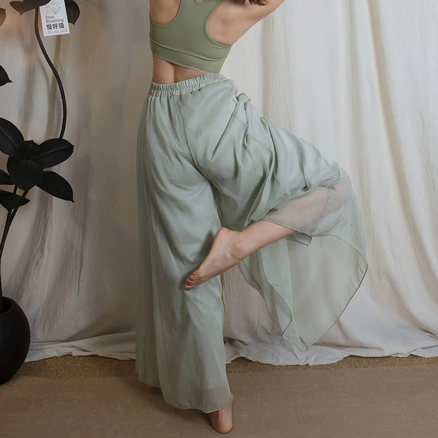Pantaloni da donna Olivenorma in chiffon a gamba larga, elasticizzati, a vita alta e fluidi, ideali per danza e yoga. - image 3