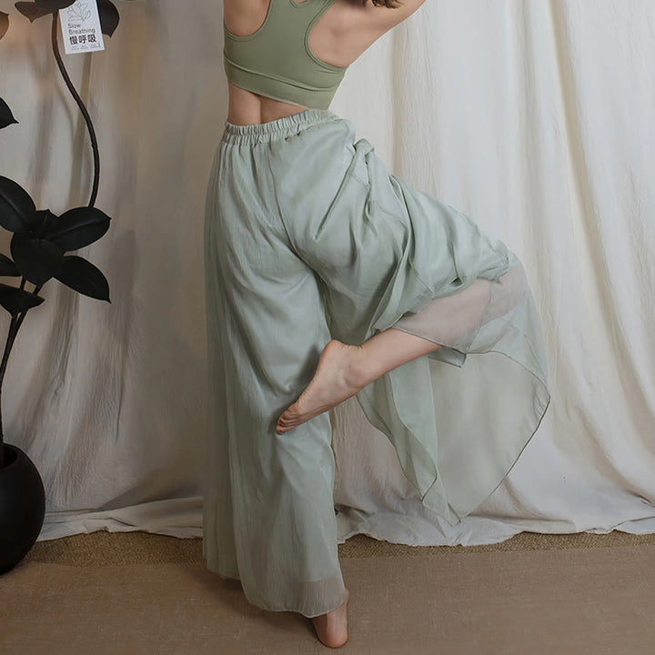 Pantaloni da donna Olivenorma in chiffon a gamba larga, elasticizzati, a vita alta e fluidi, ideali per danza e yoga. - image 3
