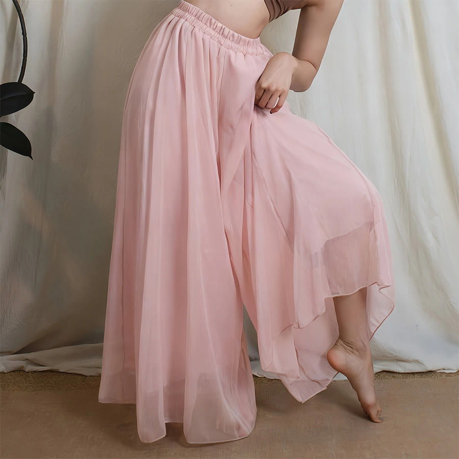Pantaloni da donna Olivenorma in chiffon a gamba larga, elasticizzati, a vita alta e fluidi, ideali per danza e yoga. - Rosa - XL - image 0