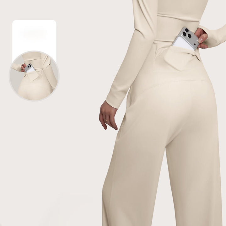Pantaloni da yoga da donna Olivenorma Crossover a vita alta con spacco laterale e gamba larga, modello ampio e drappeggiato. - image 6