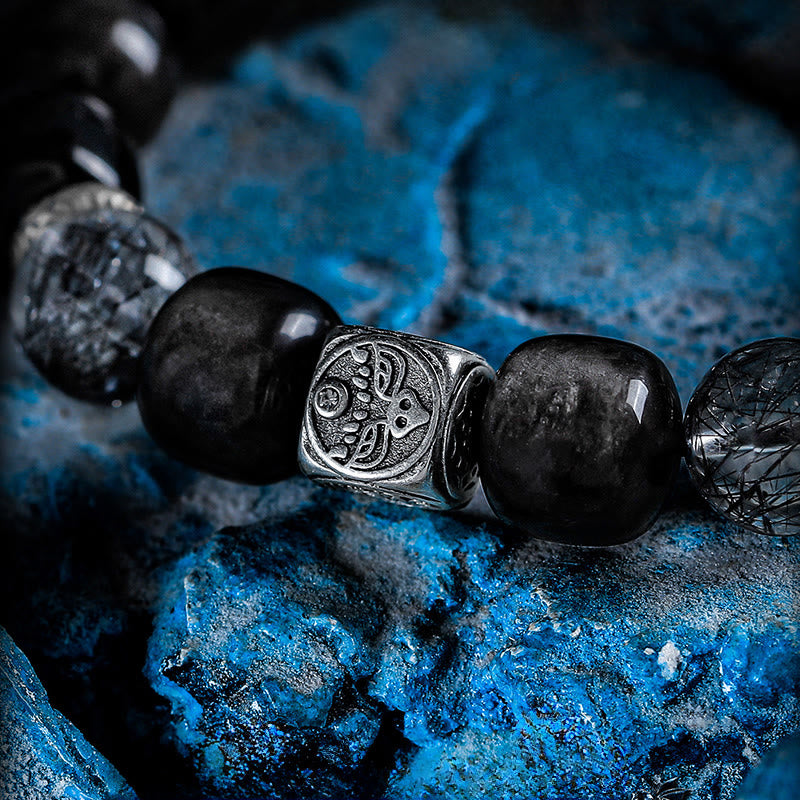 Bracciale Olivenorma con ciondoli incisi in ossidiana argentata e rutilato di quarzo nero. - image 3