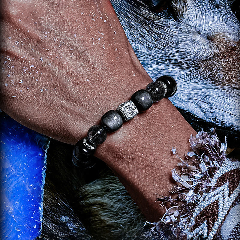 Bracciale Olivenorma con ciondoli incisi in ossidiana argentata e rutilato di quarzo nero. - image 4