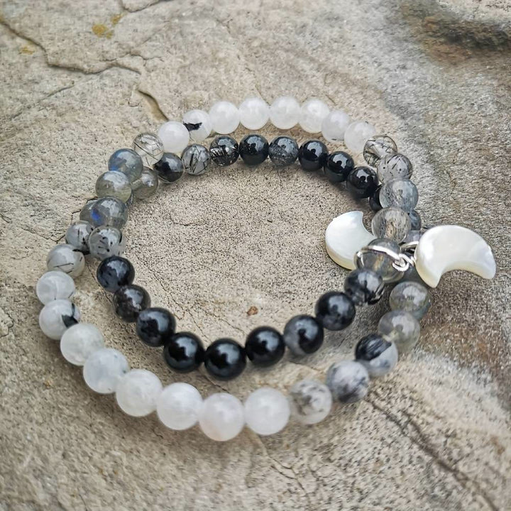 Bracciale Olivenorma con perline di cristallo trasparente, ossidiana, labradorite e pietra di luna nera. - image 1