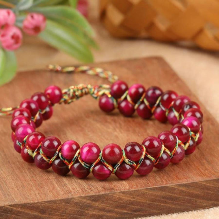 Bracciale Olivenorma Tiger Eye a doppia fila regolabile con cordino intrecciato e perline - Occhio di tigre rosa - image 6