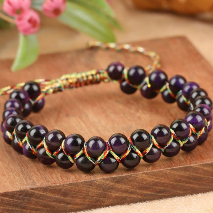 Bracciale Olivenorma Tiger Eye a doppia fila regolabile con cordino intrecciato e perline - Occhio di tigre viola - image 4