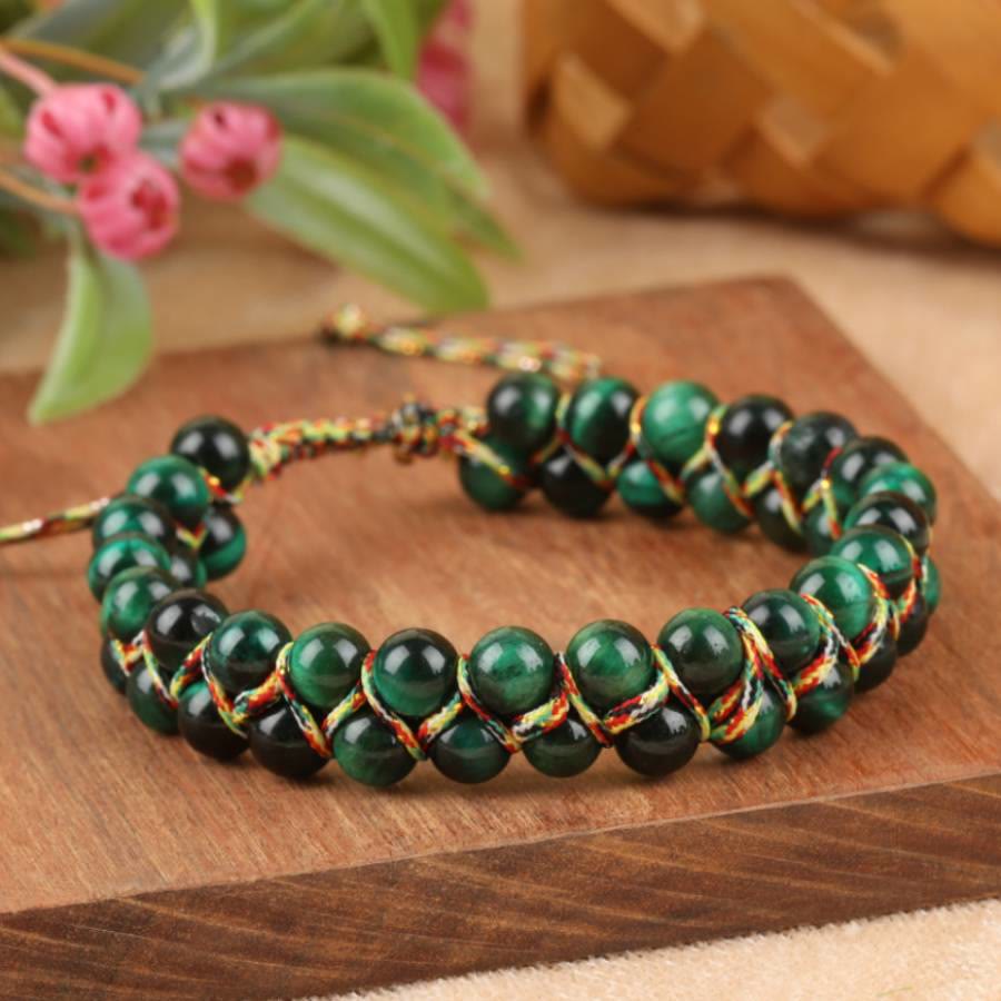 Bracciale Olivenorma Tiger Eye a doppia fila regolabile con cordino intrecciato e perline - image 1