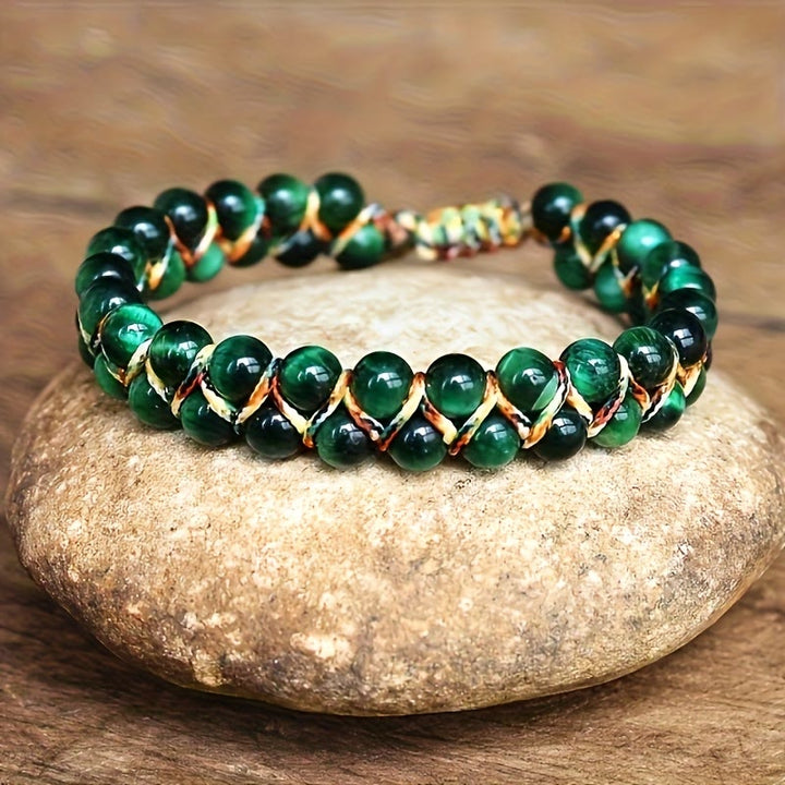 Bracciale Olivenorma Tiger Eye a doppia fila regolabile con cordino intrecciato e perline - Occhio di tigre verde - image 0
