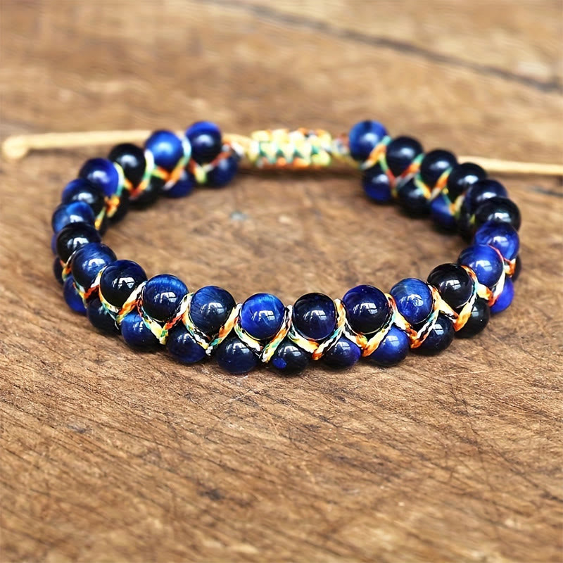 Bracciale Olivenorma Tiger Eye a doppia fila regolabile con cordino intrecciato e perline - Occhio di tigre blu - image 2