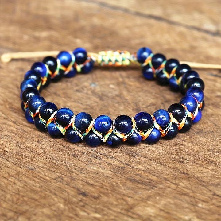 Bracciale Olivenorma Tiger Eye a doppia fila regolabile con cordino intrecciato e perline - Occhio di tigre blu - image 2