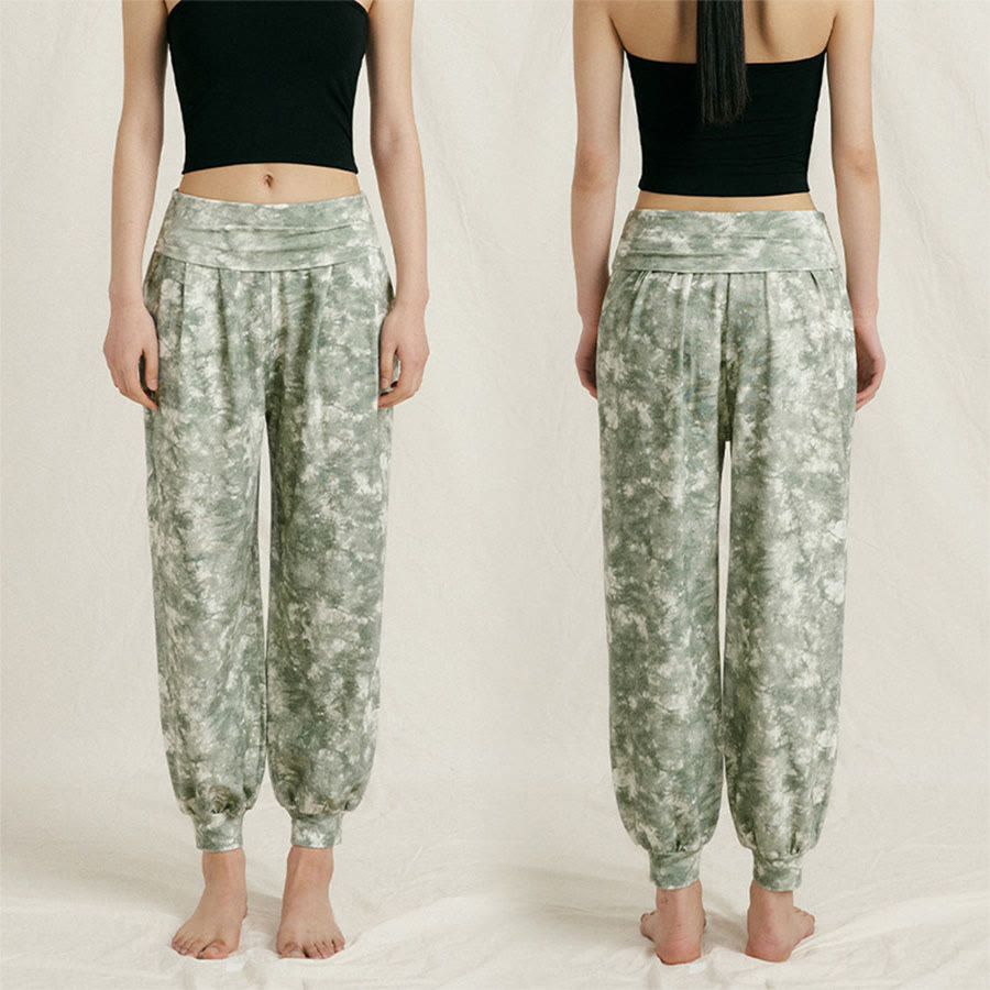 Pantaloni harem casual da yoga da donna Olivenorma a vita alta con risvolto e pieghe. - Verde floreale - L - image 1