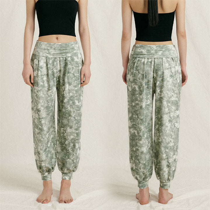 Pantaloni harem casual da yoga da donna Olivenorma a vita alta con risvolto e pieghe. - Verde floreale - L - image 1