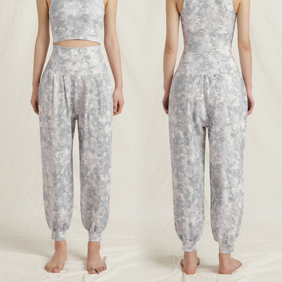 Pantaloni harem casual da yoga da donna Olivenorma a vita alta con risvolto e pieghe. - Grigio floreale - L - image 10