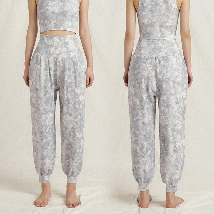 Pantaloni harem casual da yoga da donna Olivenorma a vita alta con risvolto e pieghe. - Grigio floreale - L - image 10