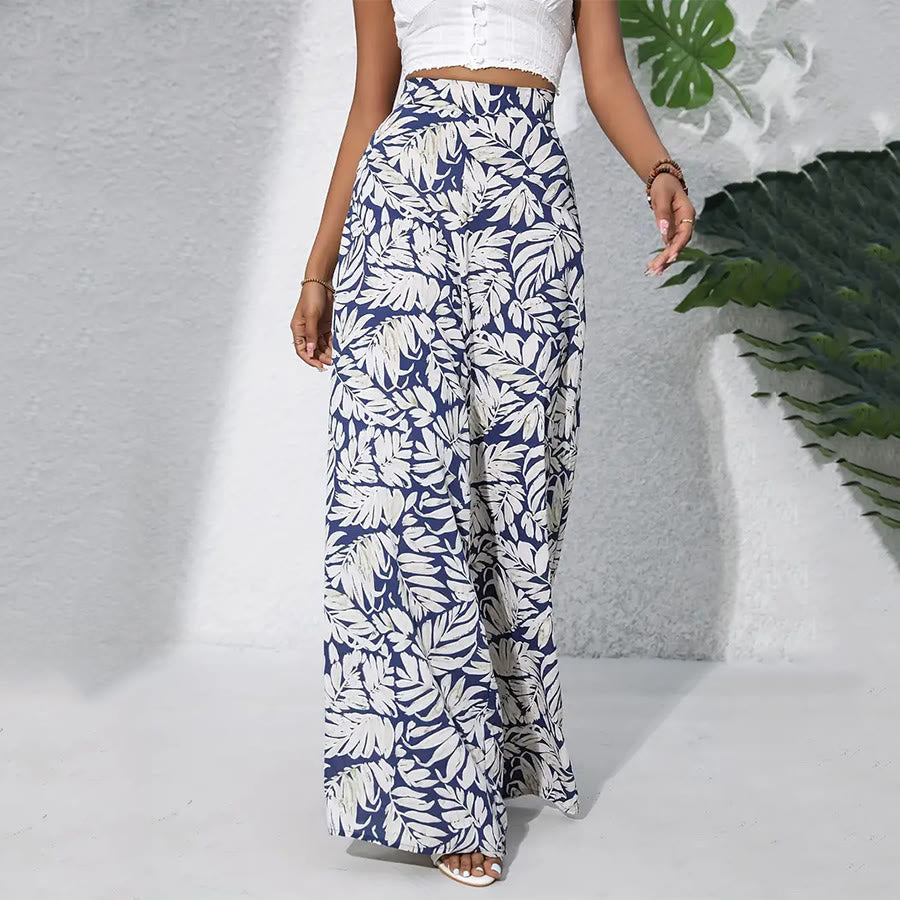 Pantaloni da donna Olivenorma a vita alta e gamba larga con stampa a foglie tropicali - Blu navy bianco - XXL - image 2