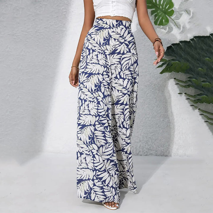 Pantaloni da donna Olivenorma a vita alta e gamba larga con stampa a foglie tropicali - Blu navy bianco - XXL - image 2