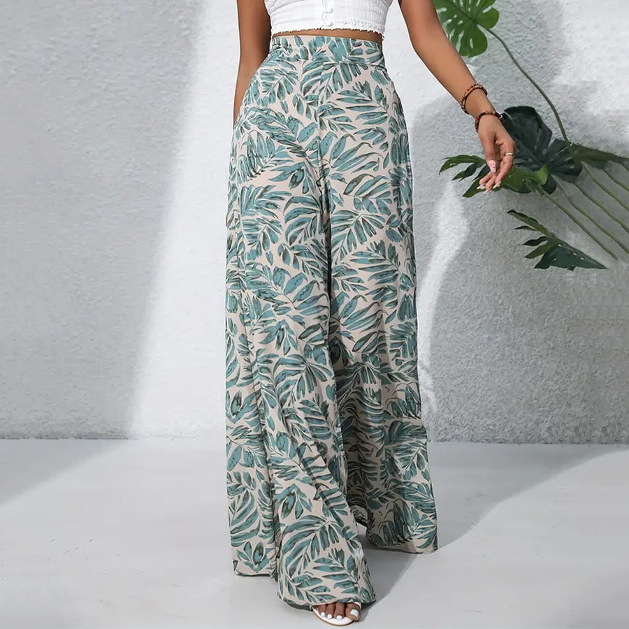 Pantaloni da donna Olivenorma a vita alta e gamba larga con stampa a foglie tropicali - Beige salvia - XXL - image 0