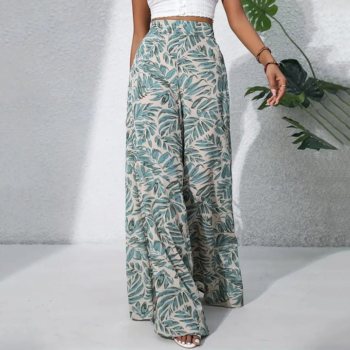 Pantaloni da donna Olivenorma a vita alta e gamba larga con stampa a foglie tropicali - Beige salvia - XXL - image 0