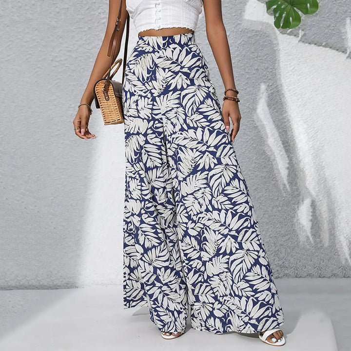 Pantaloni da donna Olivenorma a vita alta e gamba larga con stampa a foglie tropicali - image 4