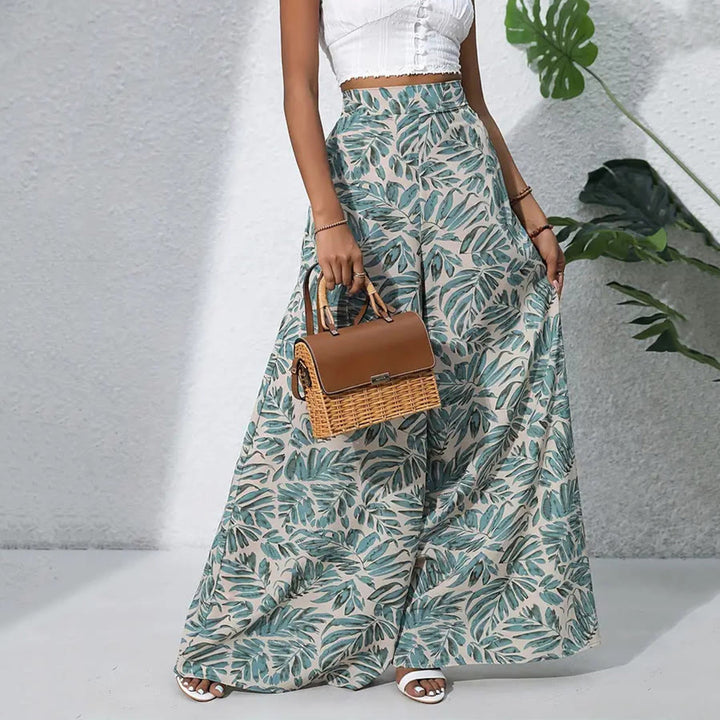 Pantaloni da donna Olivenorma a vita alta e gamba larga con stampa a foglie tropicali - image 1